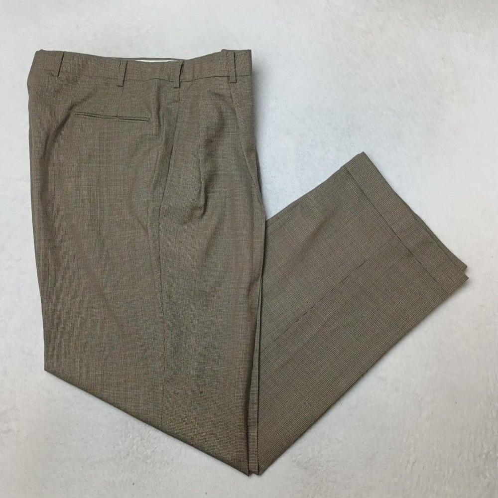 Brooks Brothers Pants Men 34x31 Brown Houndstooth Dress Wool Pleated Cuffed USA
